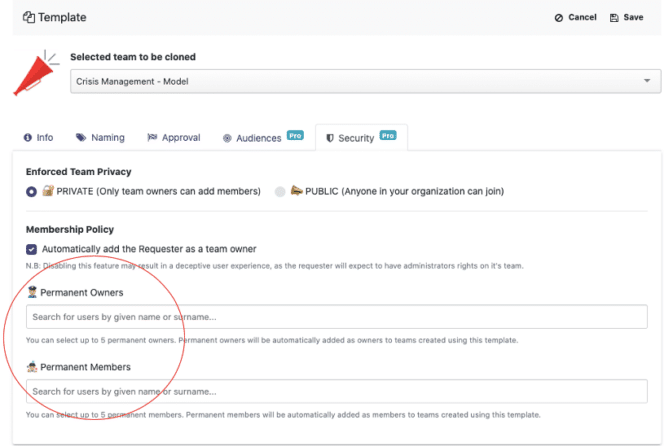 control team creation by assigning permanent owners and members