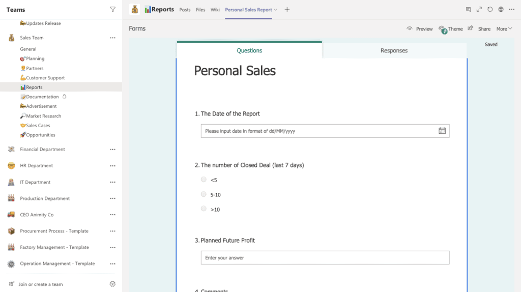 Forms tab for sales in Microsoft Teams