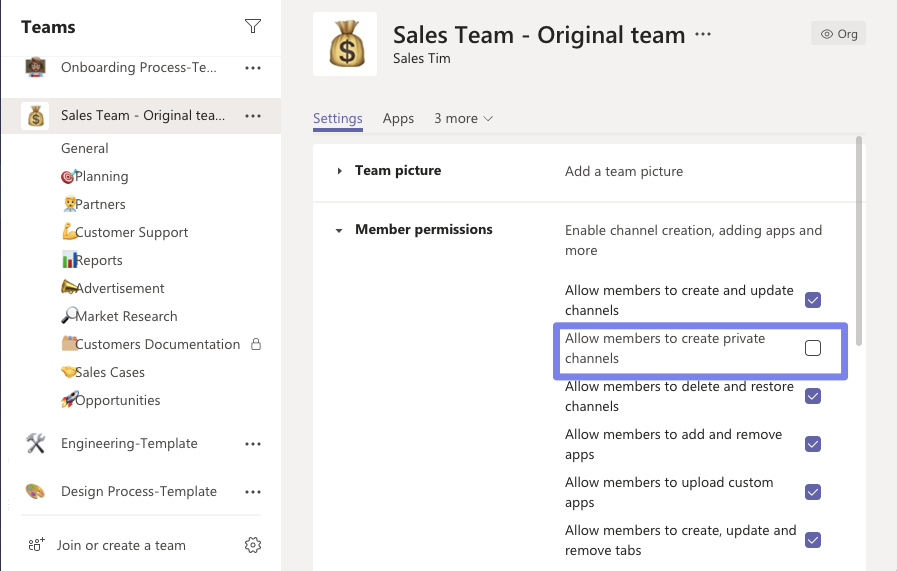 Microsoft teams settings: allow private channel creation