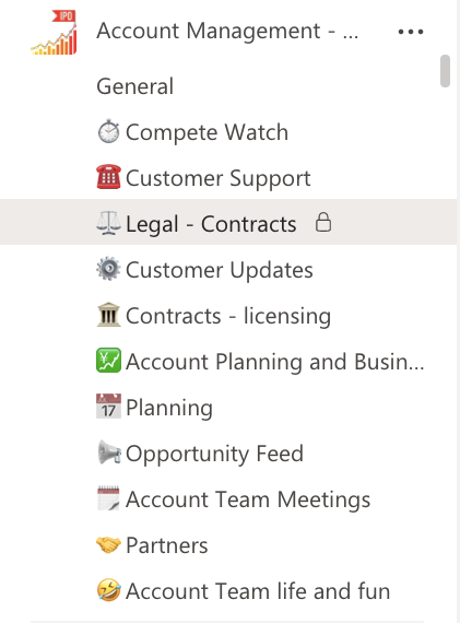 Channels of an account management team in Microsoft Teams