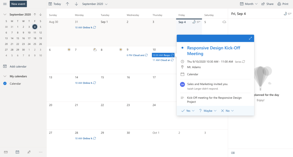 Outlook calendar with A Microsoft Teams meeting