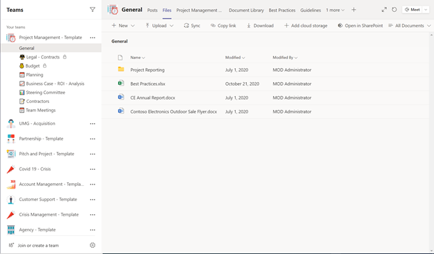 Microsoft Teams template with files and folders