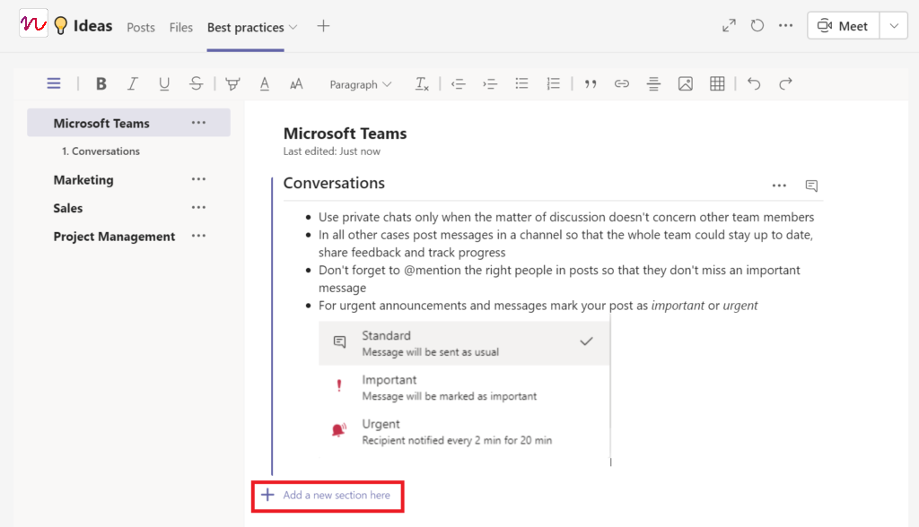 adding sections to wiki in microsoft teams