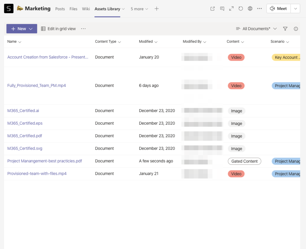 Microsoft Lists and teams - asset library