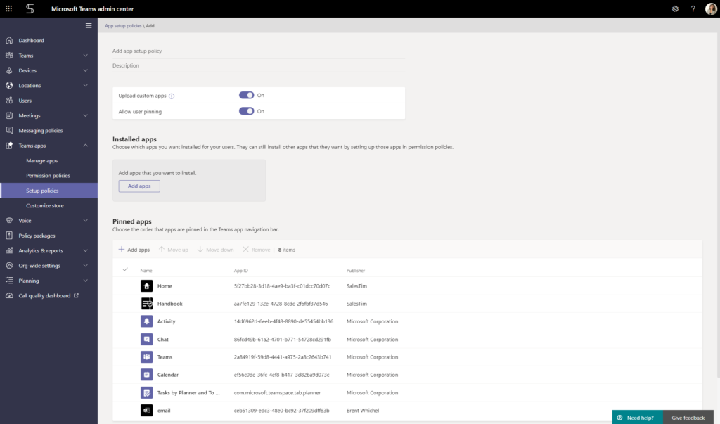 Microsoft Teams admin center app setup policies