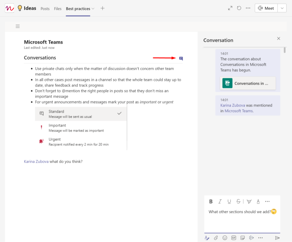 Have conversations inside the wiki tab in microsoft teams