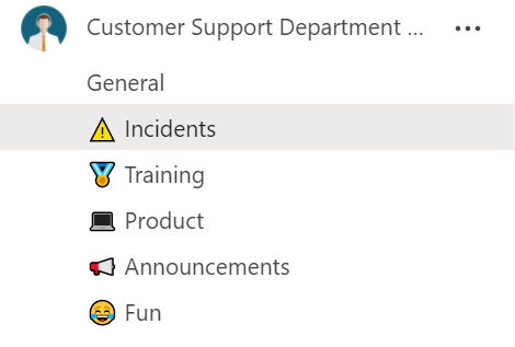 Channels of a customer support department team in Microsoft Teams