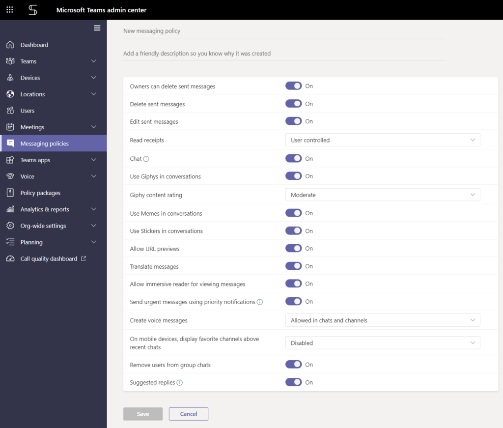 Microsoft Teams admin center messaging policies