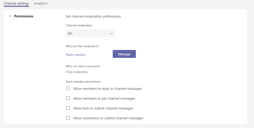 Microsoft teams channel settings