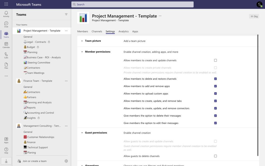 project management teams template settings