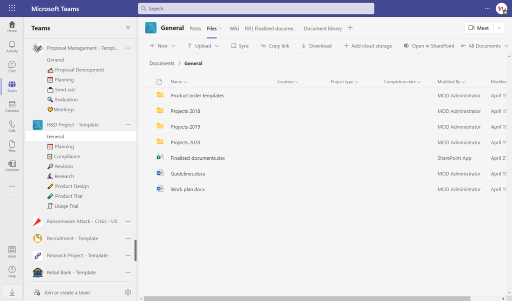 storing files and folders in Microsoft Teams