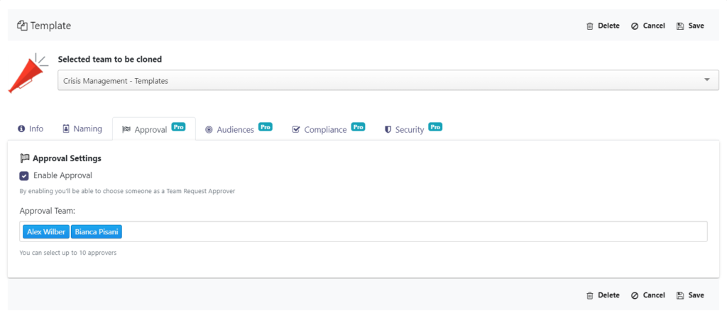 Crisis management template: approval settings