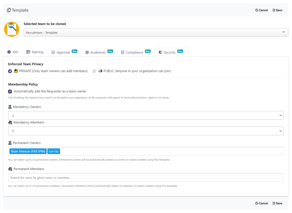 Recruitment template governance policies