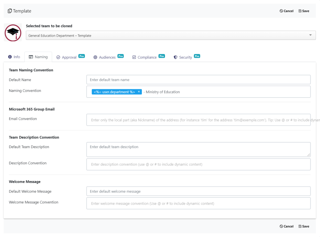 government template for Microsoft Teams: ministry of education. Naming convention