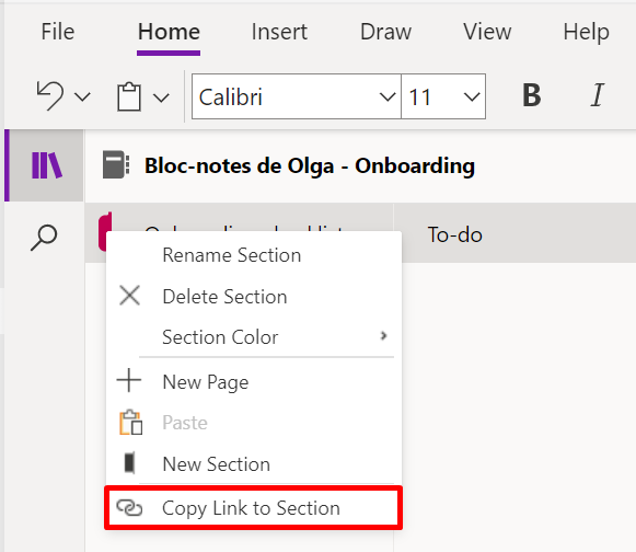 Onenote in Microsoft Teams: copy link to section