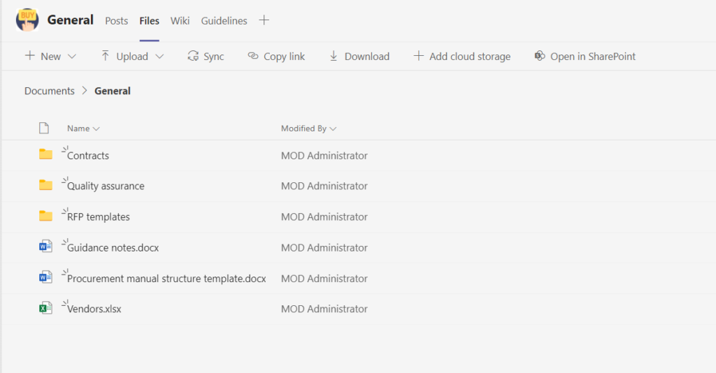 Procurement template in Microsoft Teams: files and folders