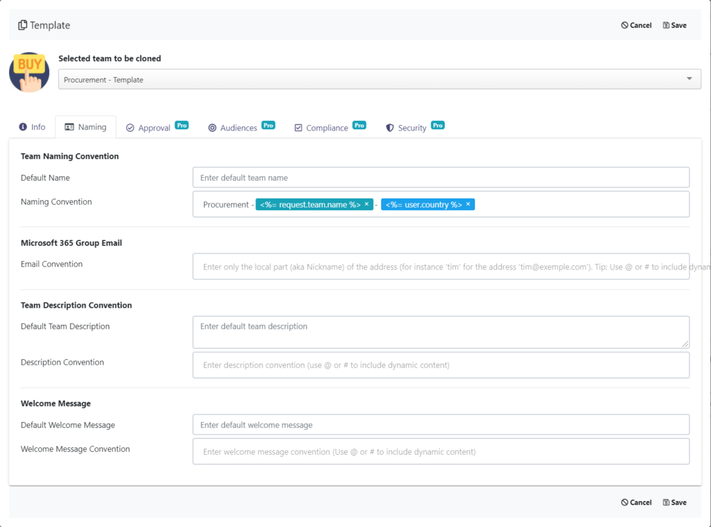 Procurement template naming convention Microsoft Teams