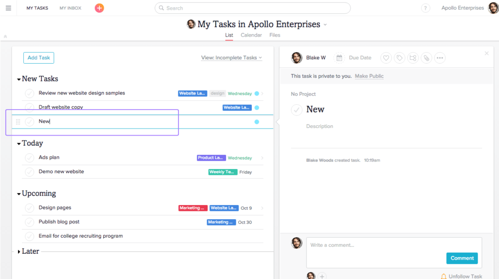 Asana create tasks