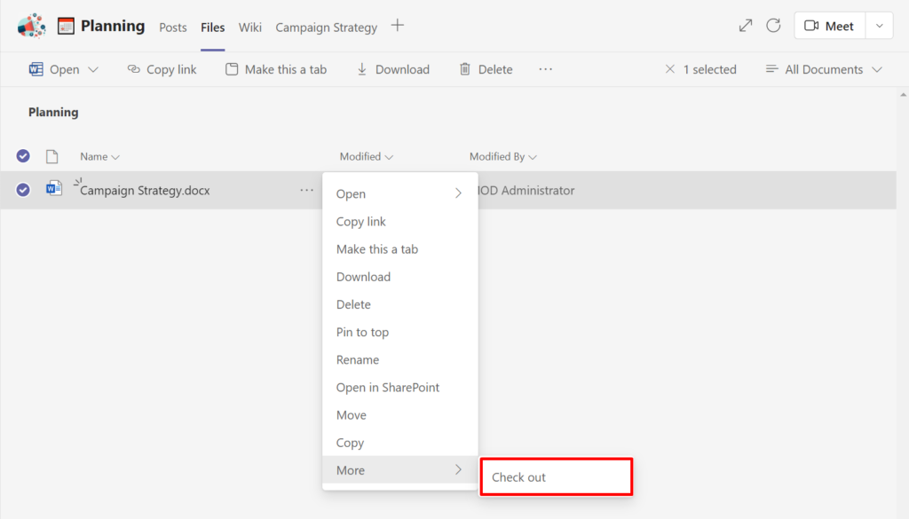 check ou a document in Teams