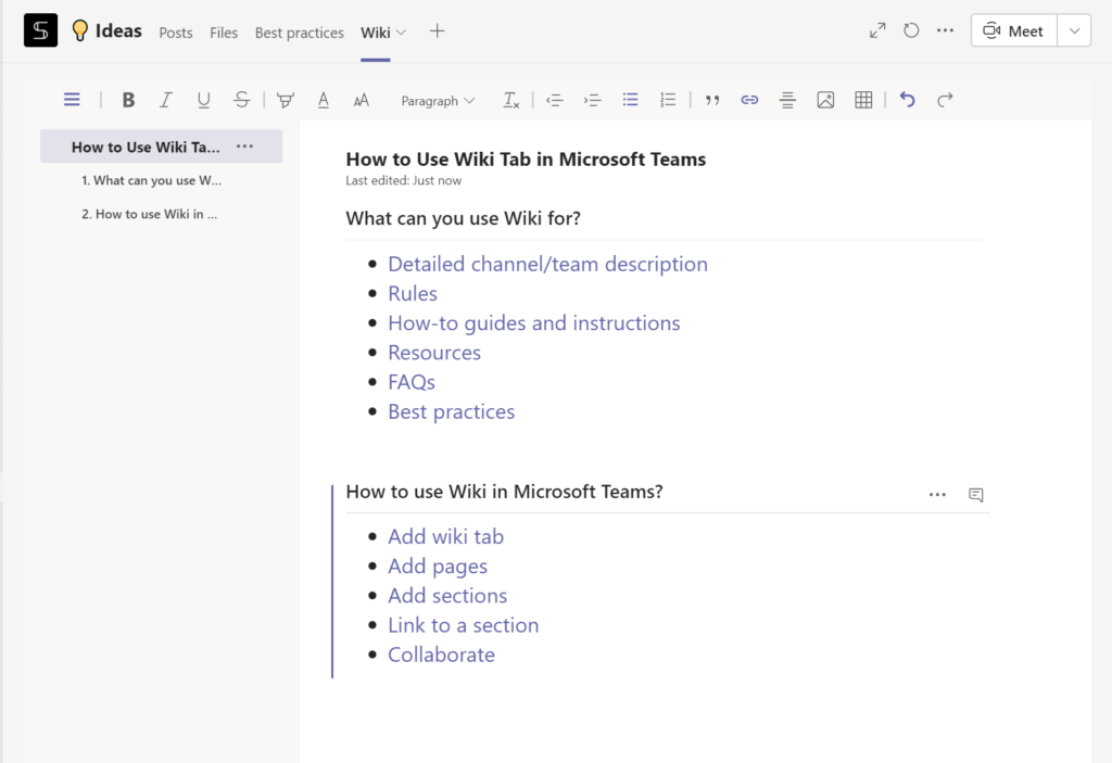 Microsoft Teams wiki page